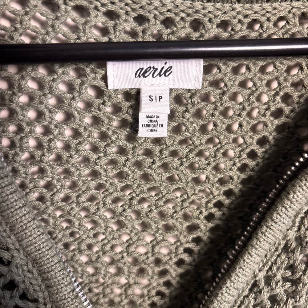 Aerie Olive Green Cropped Knit Sweater Quarter Zip Chunky Cotton Size S/P - Picture 5 of 9